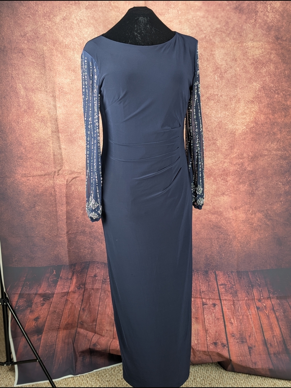 Marina Navy Blue Beaded Sleeve Evening Gown Size 14 | Formal Maxi Dress Mother o